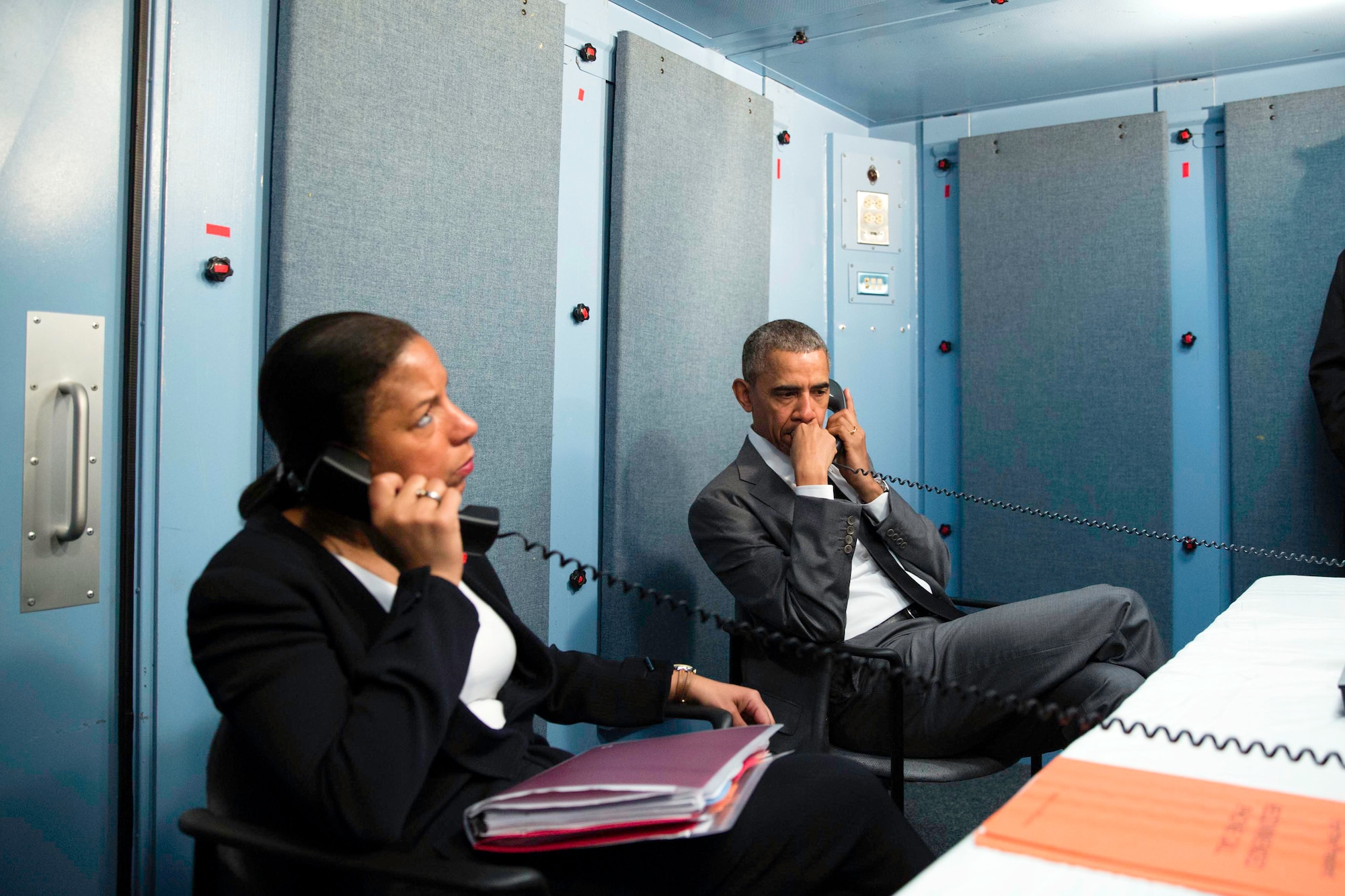 At the residence of the U.S. chief of mission in Havana, President Barack Obama and National Security Advisor Susan E. Rice receive an update via telephone from Homeland Security Advisor Lisa Monaco on the terrorist attacks in Brussels, March 22, 2016. (White House photo/Pete Souza)