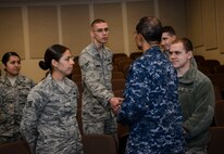 U.S. Navy Adm. Cecil D. Haney, U.S. Strategic Command (USSTRATCOM) commander (center right), speaks to Airmen assigned to Barksdale Air Force Base, La., during his visit there, March 21, 2016. While there, Haney and Mr. W. Gary Gates (not pictured), Strategic Command Consultation (SCC) Committee member, presented the 2015 Omaha Trophy, strategic bomber category, to U.S. Air Force Col. Kristin Goodwin, 2nd Bomb Wing commander (not pictured), and U.S. Air Force Chief Master Sgt. Tommy Mazzone, 2nd Bomb Wing command chief master sergeant (not pictured), in recognition of the wing's contributions to USSTRATCOM's global strategic missions. The Omaha Trophy, which dates back to the U.S. Air Force's Strategic Air Command, was originally created by the SCC in 1971. At the time, a single trophy was presented annually as a token of appreciation to USSTRATCOM's best wing. Since then, the tradition has evolved to unit-level awards that recognize the command's premier intercontinental ballistic missile (ICBM) wing, ballistic missile submarine, strategic bomber wing and global operation(space/cyberspace) unit. This year, a new category was added to include the combatant command's top strategic aircraft wing. 
(U.S. Air Force photo by Senior Airman Benjamin Raughton) Story Available: 
https://www.stratcom.mil/news/2016/595/-/
