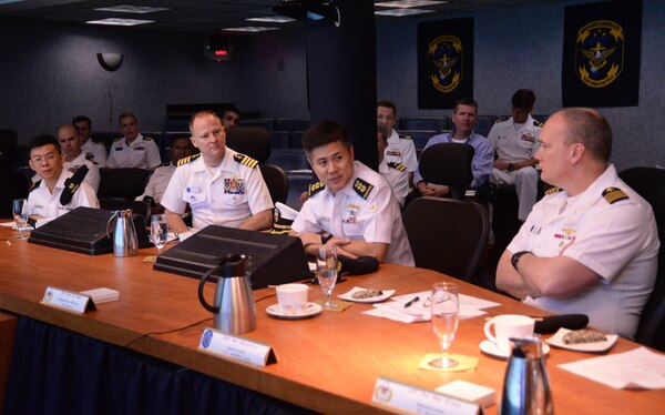 160318-N-IE405-051 CHANGI NAVAL BASE, Singapore (March 18, 2016) U.S. 7th Fleet conducts staff talks with Republic of Singapore Navy personnel on board U.S. 7th Fleet flagship USS Blue Ridge (LCC 19). Blue Ridge is currently on patrol in the Indo-Asia Pacific area of operation after completing a 6-month selected restricted availability maintenance period.  (U.S. Navy photo by Mass Communication Specialist 2nd Class Indra Bosko/Released)