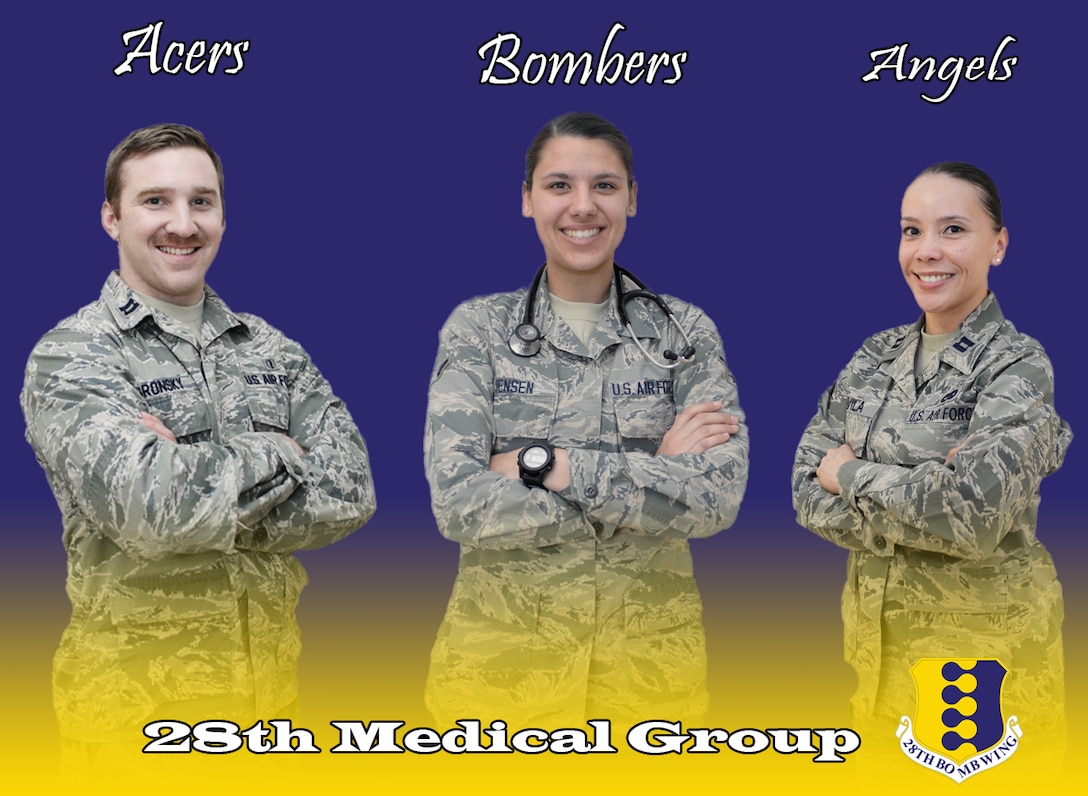 Capt. Jesse Gronsky, 28th Medical Operations Squadron physician assistant, left, Airman Makenna Jensen, 28th MDOS medical technician, center, and Capt. Lisis Davila, 28th MDOS team nurse, are a part of the family health clinic team at Ellsworth Air Force Base, S.D., March 15, 2016. The clinic is broken up into three teams, Acers, Angels and Bombers, and provide care for more than 11,000 patients. (U.S. Air Force graphic by Airman 1st Class Sadie Colbert/Released)