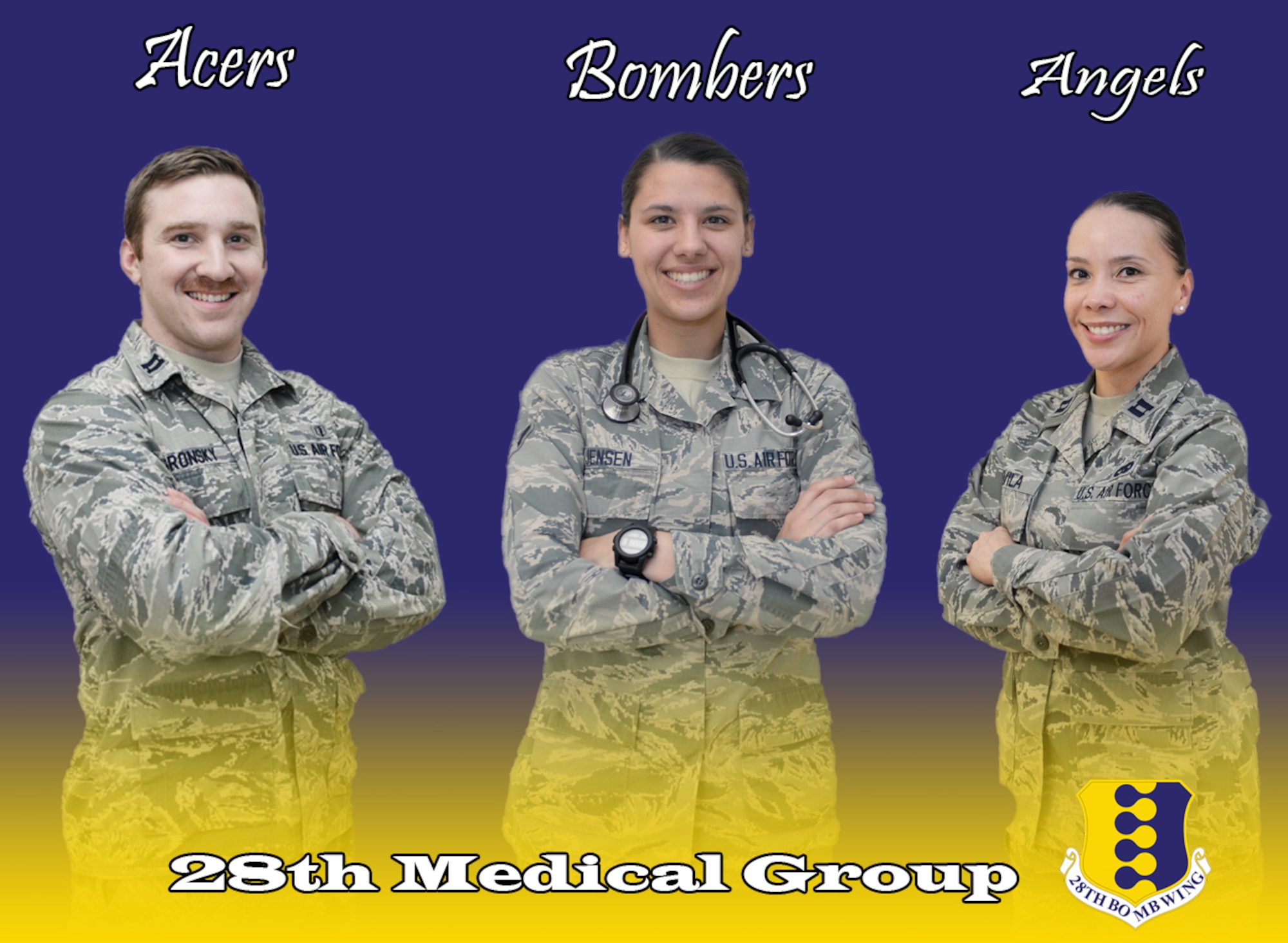 Capt. Jesse Gronsky, 28th Medical Operations Squadron physician assistant, left, Airman Makenna Jensen, 28th MDOS medical technician, center, and Capt. Lisis Davila, 28th MDOS team nurse, are a part of the family health clinic team at Ellsworth Air Force Base, S.D., March 15, 2016. The clinic is broken up into three teams, Acers, Angels and Bombers, and provide care for more than 11,000 patients. (U.S. Air Force graphic by Airman 1st Class Sadie Colbert/Released)