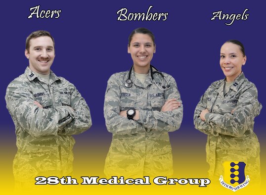 Capt. Jesse Gronsky, 28th Medical Operations Squadron physician assistant, left, Airman Makenna Jensen, 28th MDOS medical technician, center, and Capt. Lisis Davila, 28th MDOS team nurse, are a part of the family health clinic team at Ellsworth Air Force Base, S.D., March 15, 2016. The clinic is broken up into three teams, Acers, Angels and Bombers, and provide care for more than 11,000 patients. (U.S. Air Force graphic by Airman 1st Class Sadie Colbert/Released)