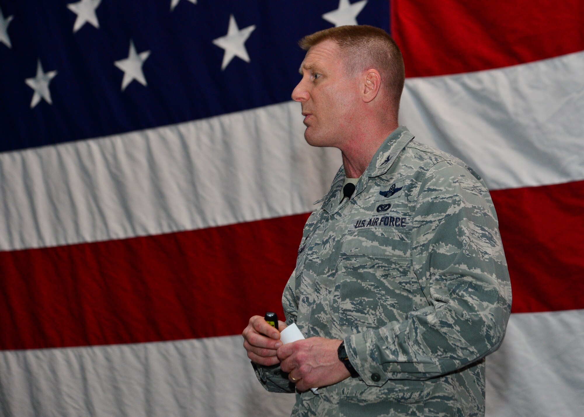 Col. Michael Grismer, 436th Airlift Wing commander, speaks at the 2015 Maintenance Professional of the Year ceremony March 16, 2016, at the 436th Aerial Port on Dover Air Force Base, Del. Grismer was invited by Col. Charles Nesemeier, 436th Maintenance Group commander, to be the guest speaker at the ceremony. (U.S. Air Force photo/Senior Airman William Johnson)