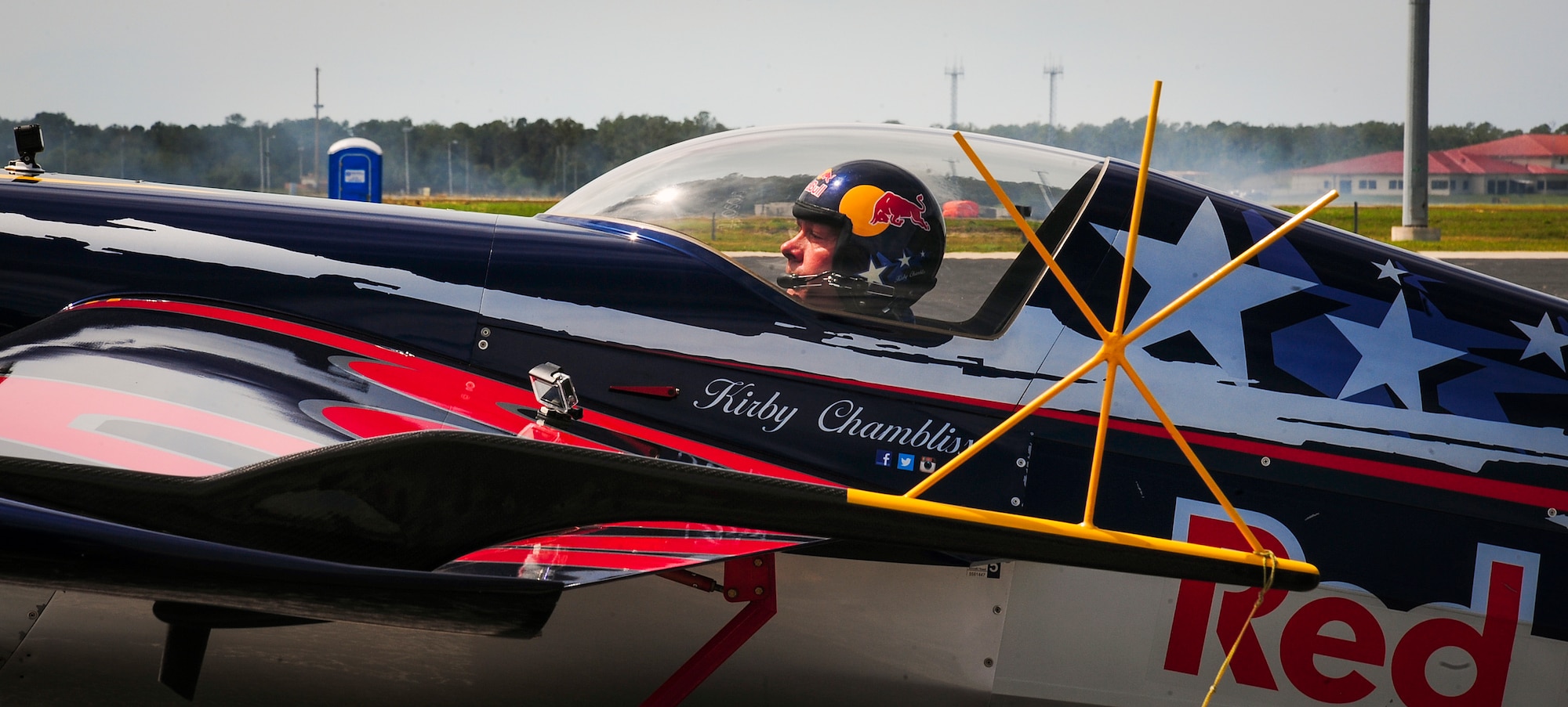 Kirby Chambliss prepares to taxi down the flightline for an aerobatics performance in an Edge 540 during Tampa Bay AirFest 2016 at MacDill Air Force Base, Fla., March 20, 2016. Chambliss has flown more than 70 types of aircraft and logged more than 26,000 hours in the air. (U.S. Air Force photo by Senior Airman Jenay Randolph )