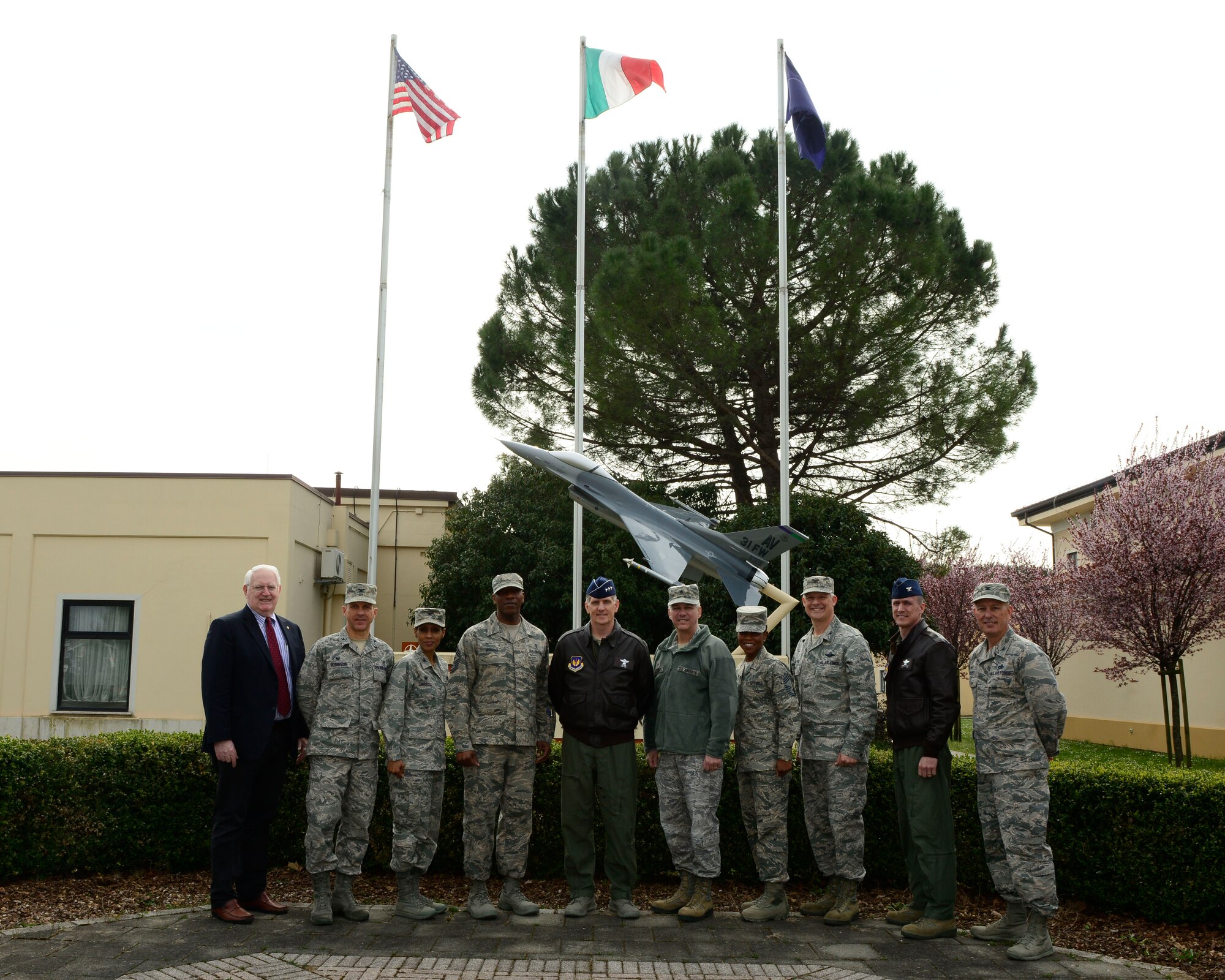 Lt. Gen. Timothy Ray, 3rd Air Force and 17th Expeditionary Air Force commander, and Chief Master Sgt. Kaleth Wright, 3rd AF and 17th EAF command chief, visit Aviano Air Base, Italy, March 21, 2016. During their visit, Ray and Wright toured the base, met with Airmen and hosted an all call to thank Team Aviano members for their proven track record of generating airpower at a moment’s notice. (U.S. Air Force photo by Senior Airman Krystal Ardrey/Released)