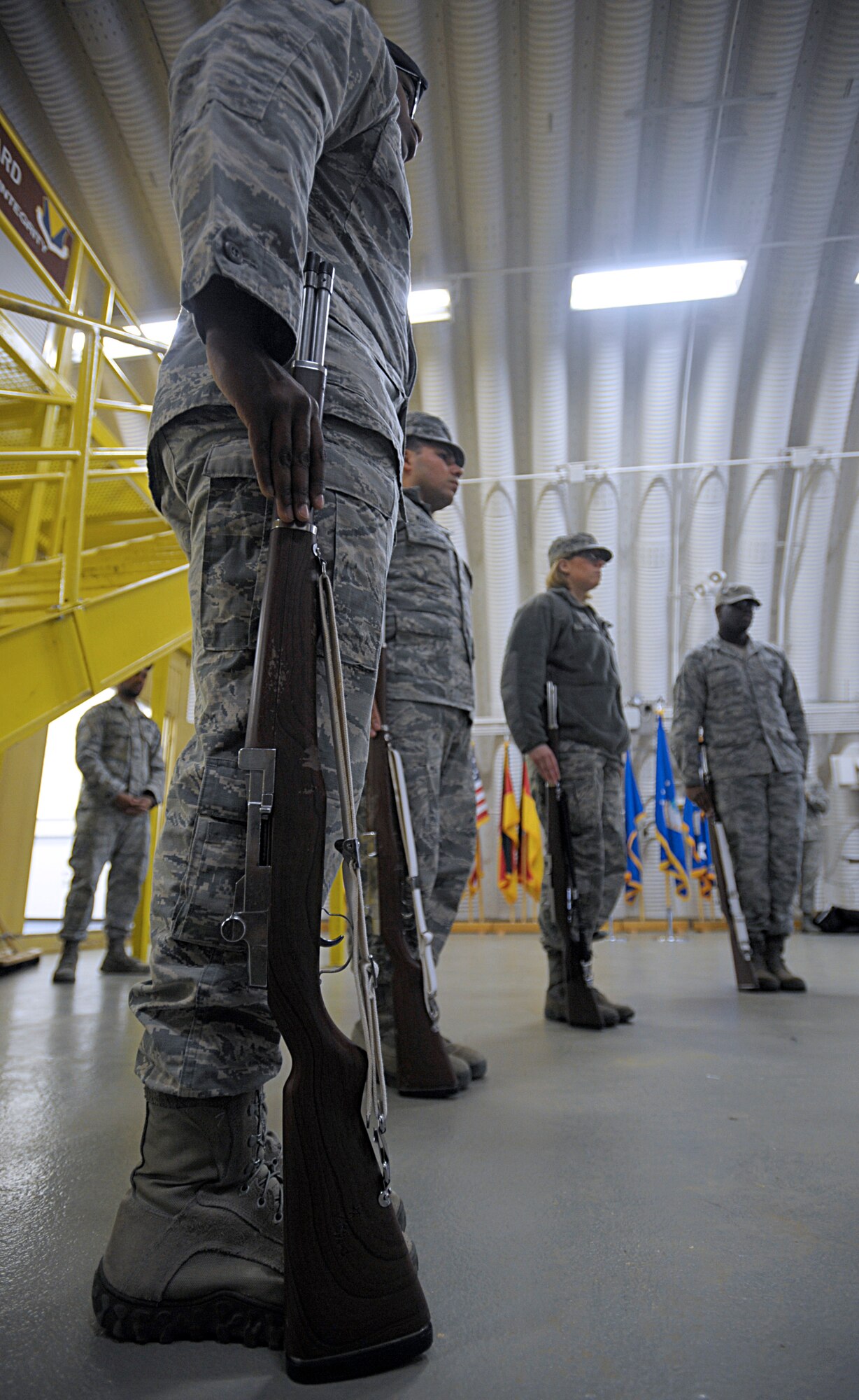 Members of the Ramstein Honor Guard practice the placement of ceremonial rifles March 15, 2016, at Ramstein Air Base, Germany. The honor guardsmen, who are assigned to different units across Ramstein, got the opportunity to learn from members of the U.S. Air Force Honor Guard. (U.S. Air Force photo/Staff Sgt. Timothy Moore)