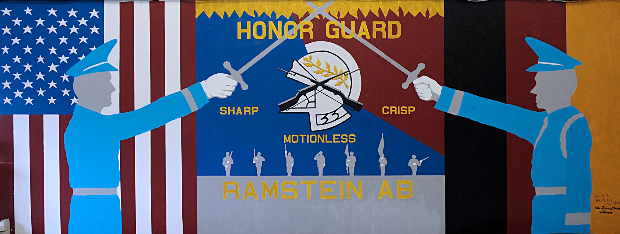 A mural for the Ramstein Honor Guard is displayed March 15, 2016, at Ramstein Air Base, Germany. The mural shows the U.S. and German flags as well as the motto for the Ramstein Honor Guard: sharp, crisp and motionless. (U.S. Air Force photo/Staff Sgt. Timothy Moore)