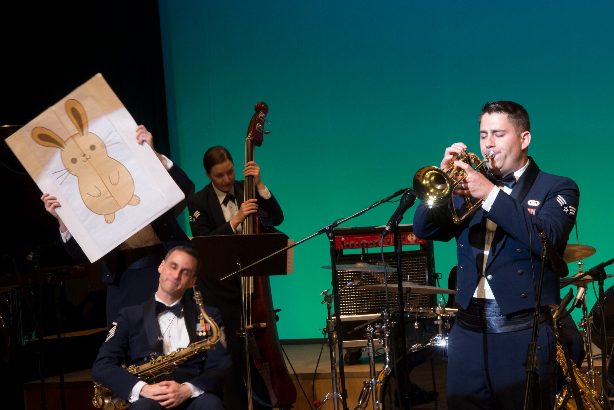 The U.S. Air Force Band of the Pacific-Asia jazz ensemble perform the Hare and the Tortoise March 14, 2016, at Naha, Japan. The Pacific Showcase is known for its musical presentation and entertaining performances that build relations in the Indo-Asia-Pacific theater. (U.S. Air Force photo by Senior Airman Omari Bernard)