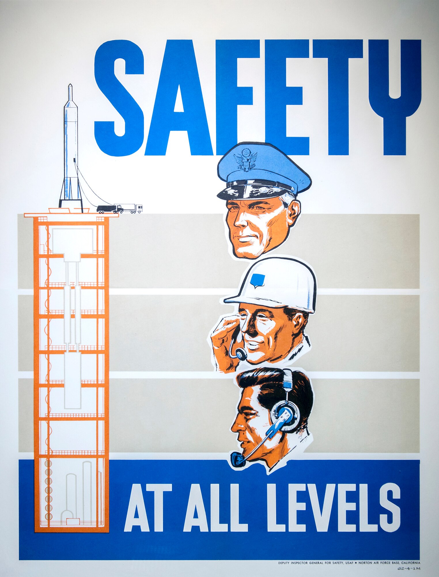 A 1962 poster depicting missile safety at levels from the commanding officer to the lower operator. Poster was created by the Deputy Inspector General for Safety, Norton AFB, Calif., 1962. (U.S. Air Force illustration)