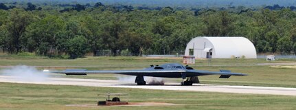 A B-2 Spirit deployed from Whiteman Air Force Base, Mo., lands at Royal Australian Air Force Base Tindal, Australia March 22, 2016. While in the Indo-Asia-Pacific, the B-2s integrated and conducted training with ally and partner air forces.  (U.S. Air Force photo by Senior Airman Joel Pfiester)