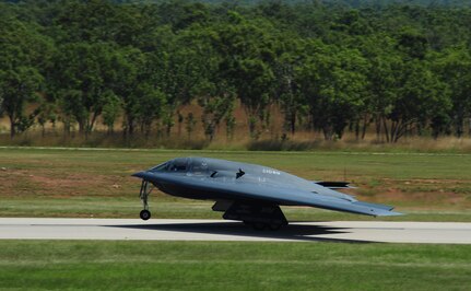 A B-2 Spirit deployed from Whiteman Air Force Base, Mo., takes off from Royal Australian Air Force Base Tindal, Australia March 22, 2016. These bomber missions strengthen capabilities by familiarizing aircrew with airbases and operations across the globe.  (U.S. Air Force photo by Senior Airman Joel Pfiester)