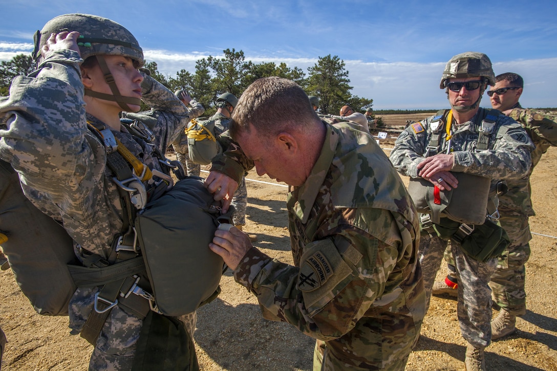 Army jumpmasters prepare soldiers for a joint training airborne operation at Coyle drop zone at Joint Base McGuire-Dix-Lakehurst, N.J., March 12, 2016. New Jersey Air National Guard photo by Master Sgt. Mark C. Olsen