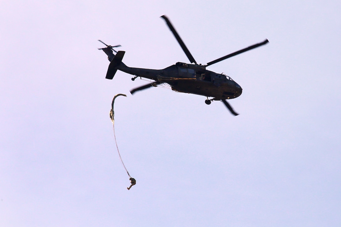 A soldier jumps from a UH-60 Black Hawk helicopter during a joint training airborne operation at Coyle drop zone at Joint Base McGuire-Dix-Lakehurst, N.J., March 12, 2016. New Jersey Air National Guard photo by Master Sgt. Mark C. Olsen