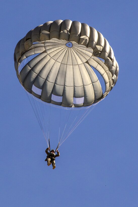 A soldier descends under a MC-6 parachute during a joint training airborne operation at Coyle drop zone at Joint Base McGuire-Dix-Lakehurst, N.J., March 12, 2016. New Jersey Air National Guard photo by Master Sgt. Mark C. Olsen