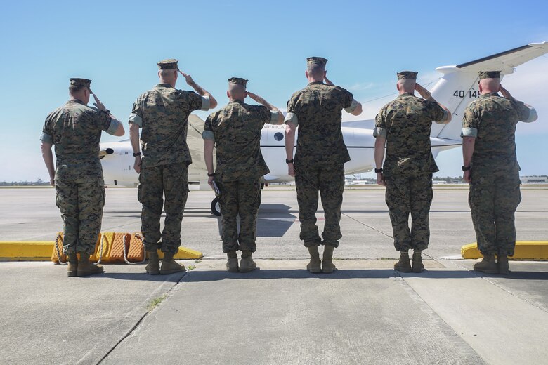 Marines from II Marine Expeditionary Force salute the arrival of Rep. Mac Thornberry at Marine Corps Air Station New River, N.C., March 18, 2016. Thornberry, who also serves as the Chairman of the House Armed Services Committee, discussed force-related issues with senior leaders and junior Marines throughout II MEF. (U.S. Marine Corps photo by Cpl. Lucas Hopkins/Released)