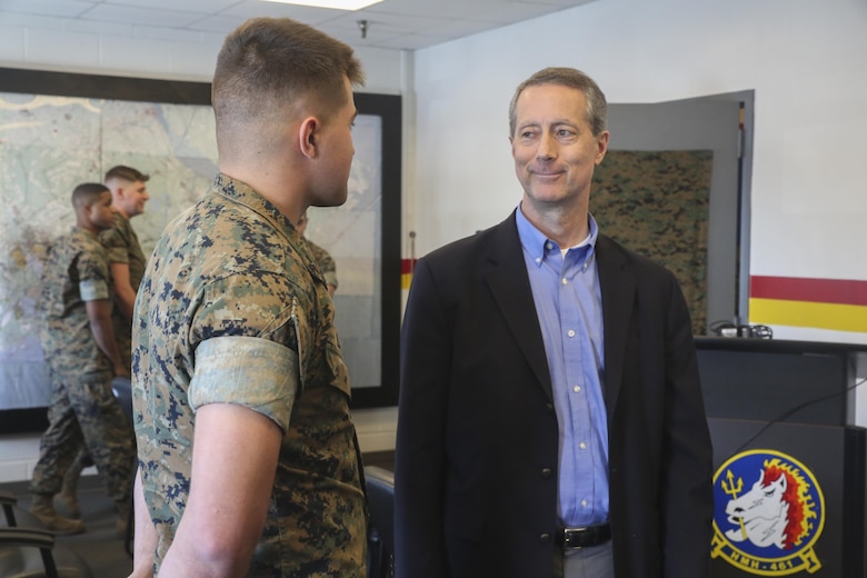 Rep. Mac Thornberry, right, greets Pfc. Hunter Lane, left, an embarkation specialist with Marine Heavy Helicopter Squadron 461 at Marine Corps Air Station New River, N.C., March 18, 2016. Thornberry, who also serves as the Chairman of the House Armed Services Committee, met with senior leaders and junior Marines with units from II Marine Expeditionary Force to discuss force-related issues. (U.S. Marine Corps photo by Cpl. Lucas Hopkins/Released)