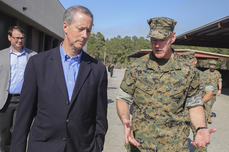 Rep. Mac Thornberry, left, speaks with Maj. Gen. Brian Beaudreault, right, the commanding general of 2nd Marine Division, at Marine Corps Base Camp Lejeune, N.C., March 18, 2016. Thornberry met with senior leaders and junior Marines throughout II Marine Expeditionary Force to discuss force-related issues. (U.S. Marine Corps photo by Cpl. Lucas Hopkins/Released)