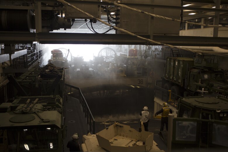 A U.S. Navy Landing Craft Air Cushion transporting Marines and vehicles with the 26th Marine Expeditionary Unit (MEU), boards the USS Arlington (LPD 24) Oct. 9, 2015. Navy scientists and engineers are developing a modeling and simulation tool that will help determine if Marine Corps vehicles and equipment can be stowed on Navy vessels like the USS Arlington (LPD 24). (U.S. Marine Corps photo by Cpl. Jeraco Jenkins)