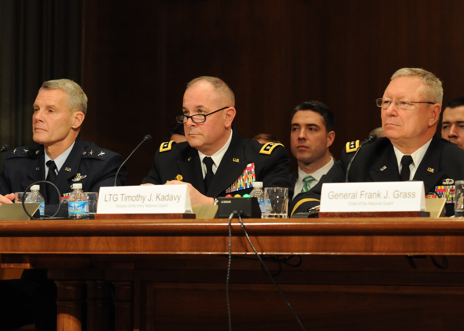 Air Force Maj. Gen. Brian Neal, acting director, Air National Guard; Army Lt. Gen. Timothy Kadavy, director, Army National Guard; and Army Gen. Frank Grass, chief, National Guard Bureau, testify at a hearing on the posture of the National Guard and Reserves before the Senate Appropriations Subcommittee on Defense, Mar. 16, 2016. )