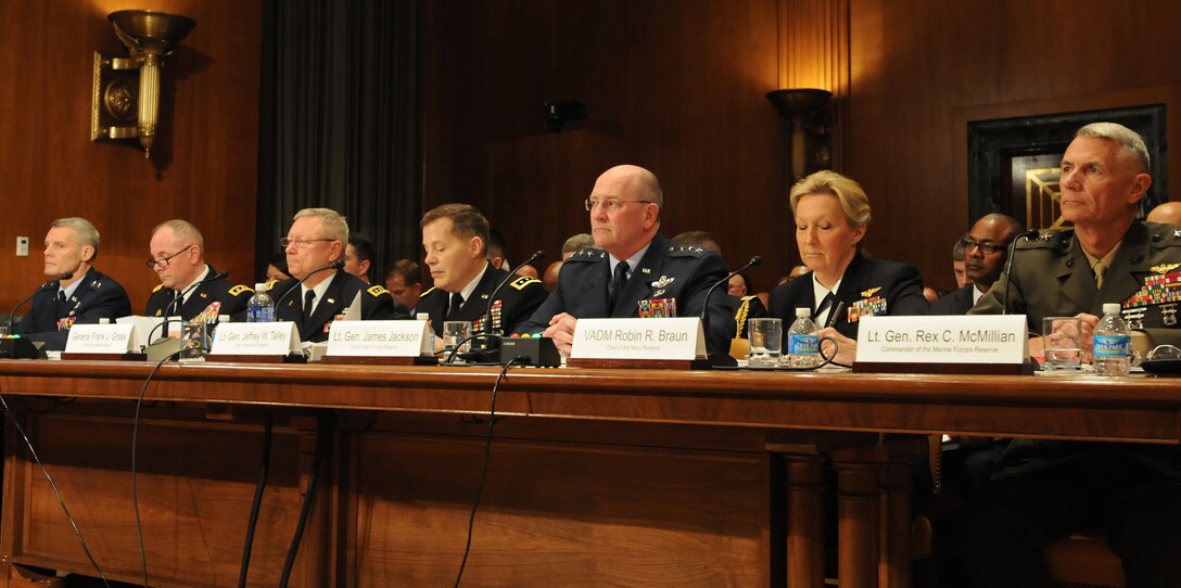Lt. Gen. Rex C. McMillian (right) joined National Guard and Reserve leaders from other military branches to discuss the fiscal year 2017 budget request before the Senate Appropriations Committee’s defense subcommittee hearing March 16, 2016, in Washington. The leaders highlighted to Congress the vital role their components play in defense operations around the world and the importance of equipping and modernizing these forces. (U.S. Army National Guard photo by Staff Sgt. Michelle Gonzalez/Released)