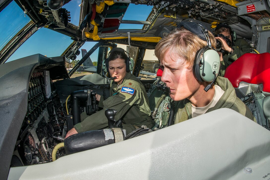 U.S. Air Force Col. Kristin Goodwin, the 2nd Bomb Wing commander, and Maj. Heather Decker, assigned to the 93rd Bomb Squadron, ready their B-52 for engine start prior to a mission on Mar. 22, 2013, Barksdale Air Force Base, La. In recognition of Women’s History Month, the mission consisted of two B-52H Stratofortress bombers flown by two all-female aircrews made up from members of the Air Force Reserve Command’s 93rd and 343rd Bomb Squadrons and the 2nd Bomb Wing’s 11th, 20th and 96th Bomb Squadrons. (U.S. Air Force photo by Master Sgt. Greg Steele/Released)