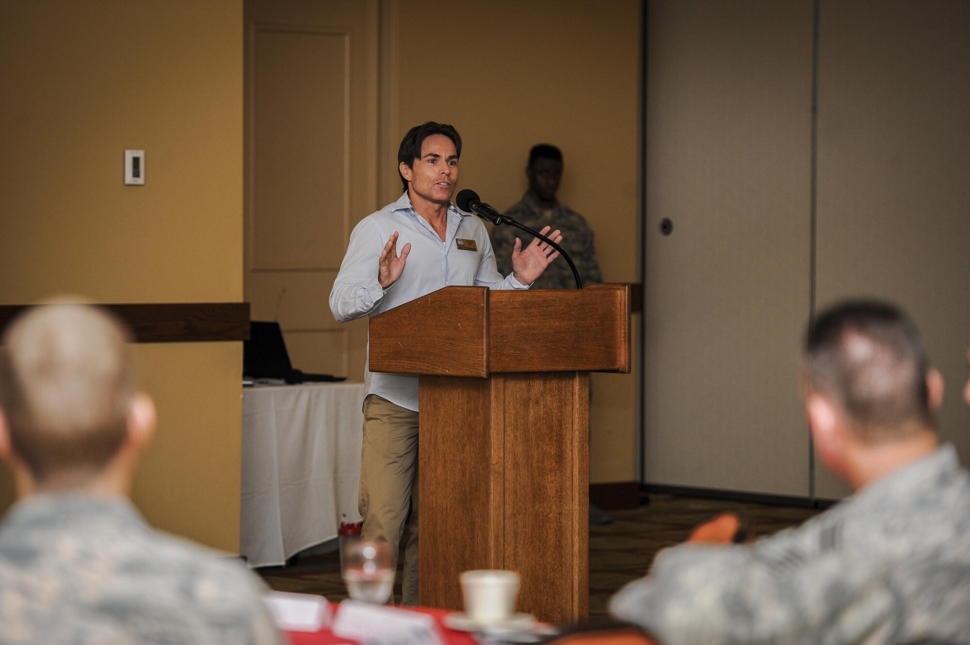 Mr. Martin King, community readiness consultant with the Airman and Family Readiness Center, speaks to guests during an Air Force Assistance Fund breakfast at Hurlburt Field, Fla., March 17, 2016. The AFAF raises money for charitable affiliates that provide support to Air Force families in need. The AFAF raises money for charitable affiliates that provide support to Air Force families in need. The four charities that benefit from the AFAF are the Air Force Village, Air Force Enlisted Village, the LeMay Foundation and the Air Force Aid Society. (U.S. Air Force photo by Senior Airman Meagan Schutter)