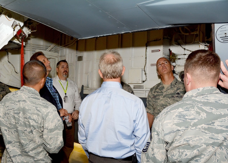 Experts from the Air Force Life Cycle Management Center, the Air Force Reserve, National Guard Bureau and the Legacy Tanker Division, view maintenance work on a KC-135 “Stratotanker” maintained by the 507th Maintenance Group March 16, 2016, at Tinker Air Force Base, Okla. The group, headed by Maj. Gen. Glenn Davis, Mobilization Assistant to the Commander, AFLCMC, Wright-Patterson Air Force Base, Ohio, visited the 507th Air Refueling Wing, Birmingham Air National Guard Base, Alabama, and Grissom Air Reserve Base, Indiana to enhance KC-135 customer service between all the agencies. (U.S. Air Force Photo/Maj. Jon Quinlan)