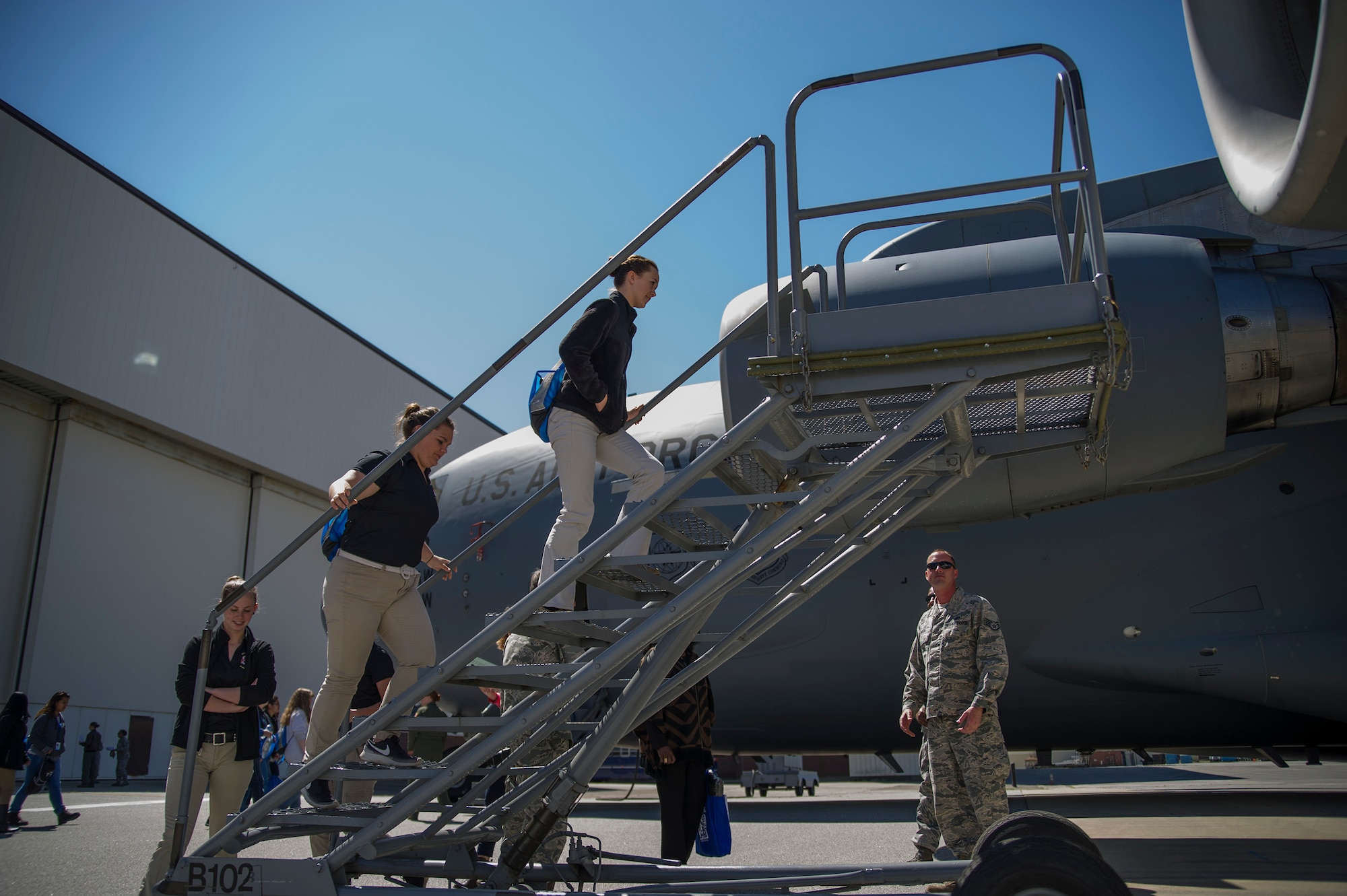 Lowcountry girls climb a maintenance stair to get an up-close look at the engine of a C-17 Globemaster III. Over 130 middle and high school girls from 12 Lowcountry schools visited Joint Base Charleston March 22 to learn about jobs in aviation as part of the 315th Airlift Wing’s 9th annual Women in Aviation Career Day. 