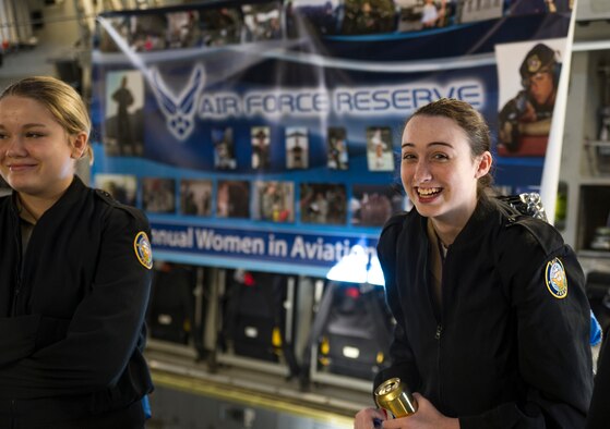 A group of Lowcountry girls tour the cargo area of a C-17 Globemaster III where they spoke with Aeromedical evacuation aircrew and loadmaster. Over 130 middle and high school girls from 12 Lowcountry schools visited Joint Base Charleston March 22 to learn about jobs in aviation as part of the 315th Airlift Wing’s 9th annual Women in Aviation Career Day. (U.S. Air Force photo by Senior Airman Jonathan Lane)