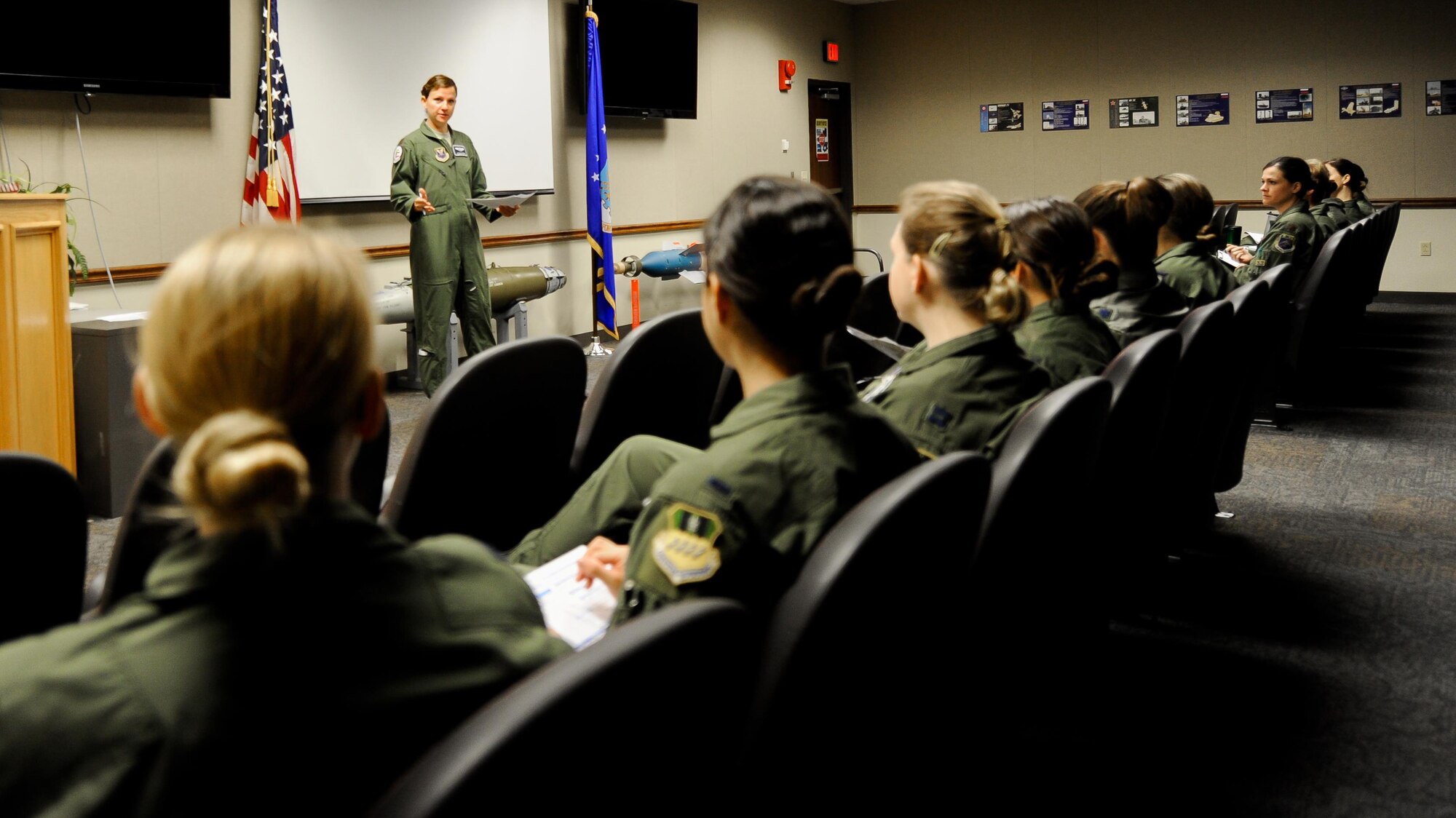 Maj. Sarah Fortin, 20th Bomb Squadron assistant director of operations, briefs aircrew prior to their takeoff from Barksdale Air Force Base, La., March 22, 2016. For the first time in Air Force Global Strike Command and B-52 Stratofortress history, all-female aircrews were assembled to honor Women’s History Month. (U.S. Air Force photo/2nd Lt. Jessica Adams)