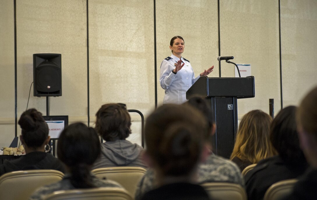 Guest speaker, Col. Barbara Ortiz, Air Force Reserve Command Logistics Readiness Division chief, speaks to girls about what she would tell her teen-age self.   “It’s not going to be easy and sometimes you get pushed out of your comfort zone,” Ortiz told the girls. “Don’t be afraid, find a balance in your life, and don’t forget about the people who make you feel important.”
at the Women in Aviation Career Day. Over 130 middle and high school girls from 12 Lowcountry schools visited Joint Base Charleston March 22 to learn about jobs in aviation as part of the 315th Airlift Wing’s 9th annual Women in Aviation Career Day. (U.S. Air Force photo by Senior Airman Jonathan Lane)