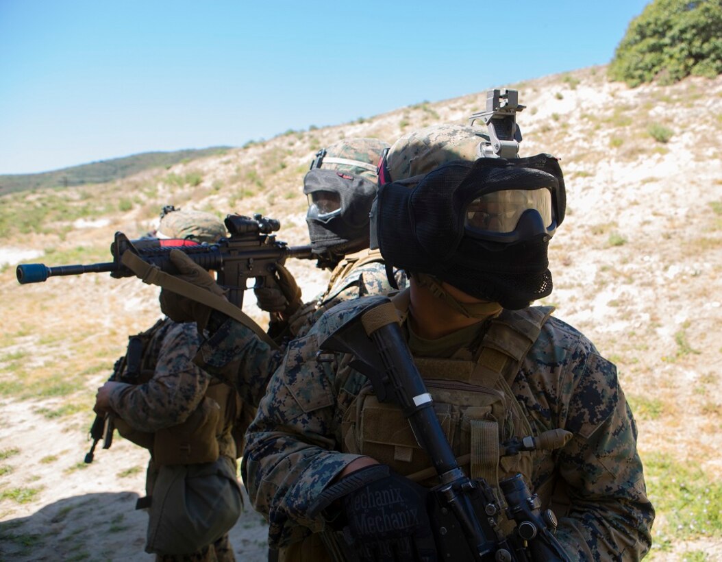 Marines with 1st Marine Division participate in a three-week urban operations course led by 1st Marine Division Schools, Urban Leaders Course at Camp Pendleton March 8, 2016. During the course, unit leaders cover urban terrain tactics like combat marksmanship, dynamic breaching, close quarters battle and room clearing. (U.S. Marine Corps photo by Lance Cpl. Justin E. Bowles/ Released)