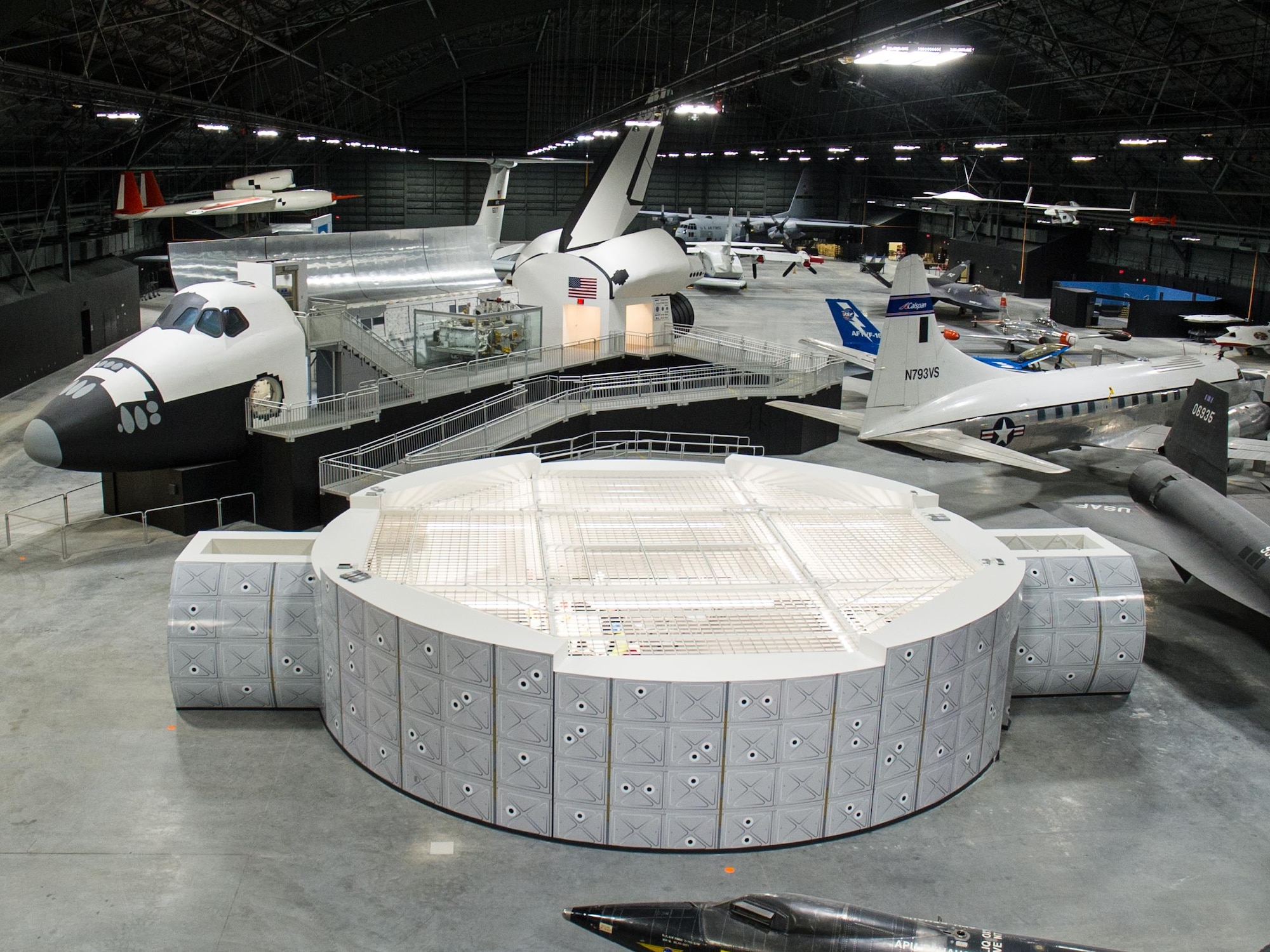 DAYTON, Ohio -- A view of the STEM Learning Node and Space Shuttle Exhibit in the new Space Gallery as well as some of the Research and Development aircraft in the fourth building at the National Museum of the U.S. Air Force. (U.S. Air Force photo by Ken LaRock)