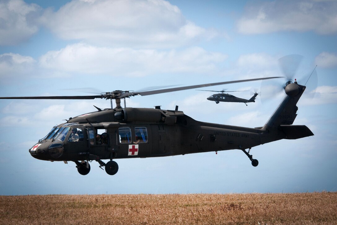 Two UH-60 Black Hawk helicopters prepare to land while participating in a medevac training and certification mission in Eastover, S.C., March 9, 2016. South Carolina Army National Guard photo by Staff Sgt. Roberto Di Giovine
