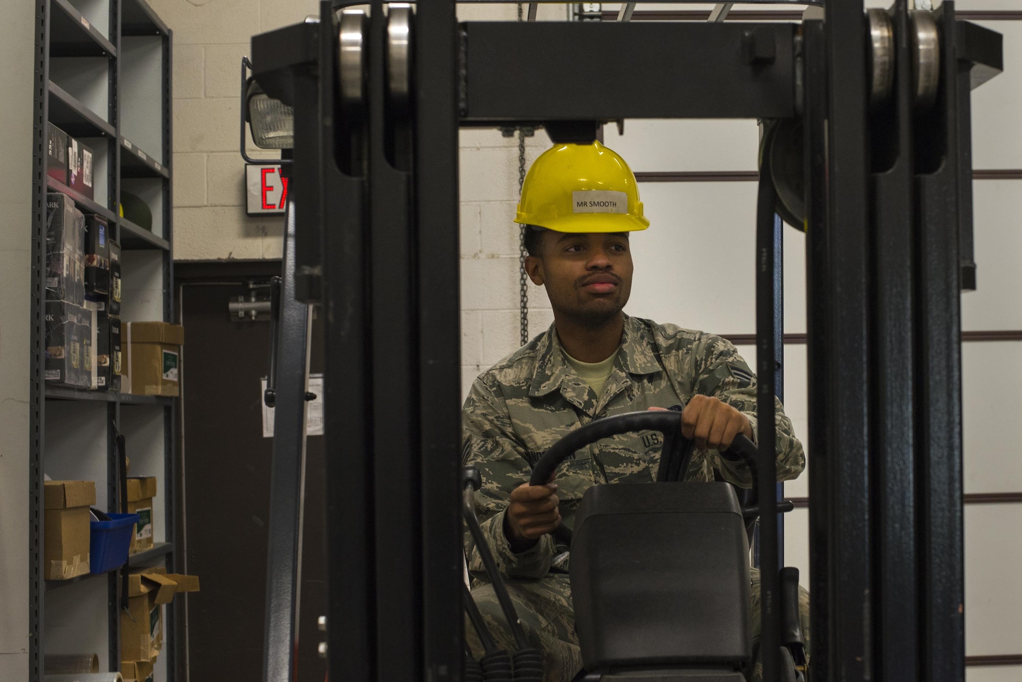 U.S. Air Force Senior Airman Jamanne Anderson, 23d Communications Squadron information technology asset management technician, operates a forklift, March 22, 2016, at Moody Air Force Base, Ga. The 23d CS manages approximately $23 million worth of equipment at Moody. (U.S. Air Force photo by Airman Daniel Snider/Released)