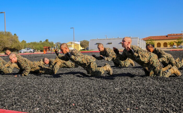 Recruits of Mike Company, 3rd Recruit Training Battalion, conduct forward break falls during a Marine Corps Martial Arts Program Test at Marine Corps Recruit Depot San Diego, March 23. Each MCMAP class was taught by the MCMAP instructors and the recruits learned basic offensive and defensive techniques while quickly developing their own warrior mindset. Annually, more than 17,000 males recruited from the Western Recruiting Region are trained at MCRD San Diego. Mike Company is scheduled to graduate April 15.