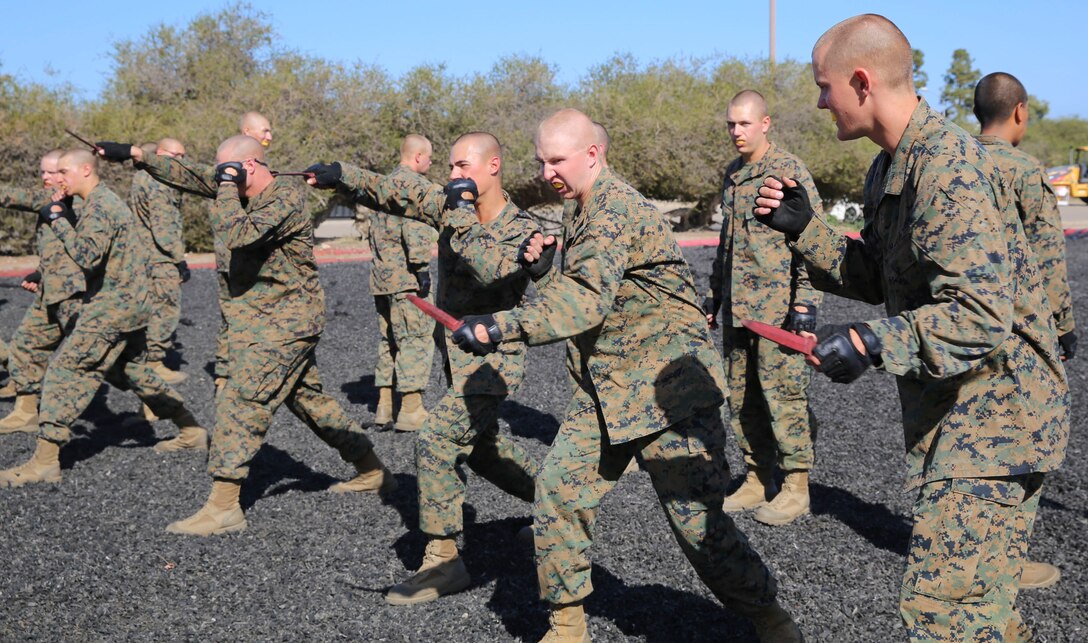Recruits of Mike Company, 3rd Recruit Training Battalion, conduct vertical thrusts during a Marine Corps Martial Arts Program Test at Marine Corps Recruit Depot San Diego, March 23. If a recruit received more than five deficiency marks during the test, for conducting the wrong technique or executing it incorrectly, he failed the test. Annually, more than 17,000 males recruited from the Western Recruiting Region are trained at MCRD San Diego. Mike Company is scheduled to graduate April 15.