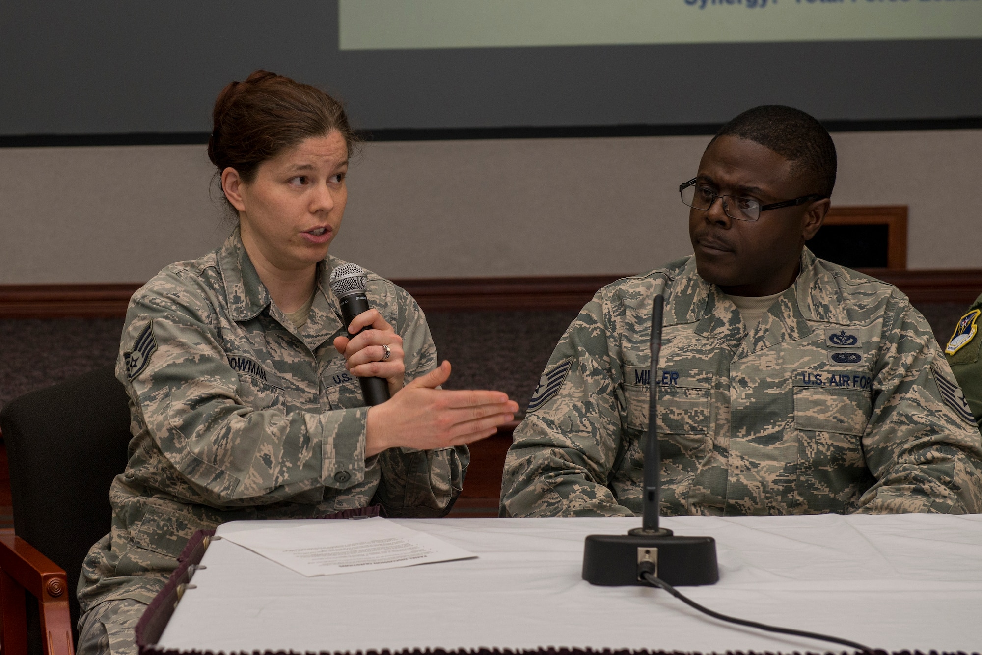 Staff Sgt. Mariah Bowman, 375th Air Mobility Wing Public Affairs photojournalist, gives a NCO perspective when working with Company Grade Officers during the CGOC March 15, 2016 at Scott Air Force Base, Ill. Bowman was a part of the NCO Council’s Panel that fielded questions from the officers on their experiences and what they look for in a CGO. (U.S. Air Force Photo/Senior Airman Joshua Eikren)