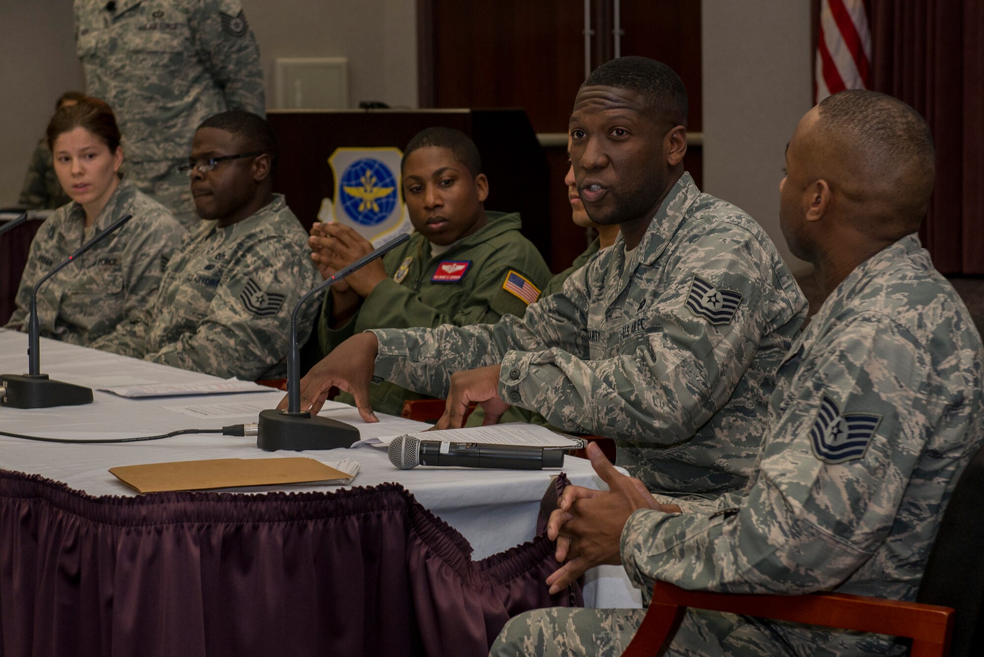 Tech. Sgt. Jeremy McCarty, 375th Security Forces Squadron, talks about what his Company Grade Officers have done to have an impact on him during the CGOC March 15, 2016 at Scott Air Force Base, Ill. The NCO Council’s Panel fielded questions from CGOs from Lieutenants to Captains on what leadership qualities are more or less effective. (U.S. Air Force Photo/Senior Airman Joshua Eikren)