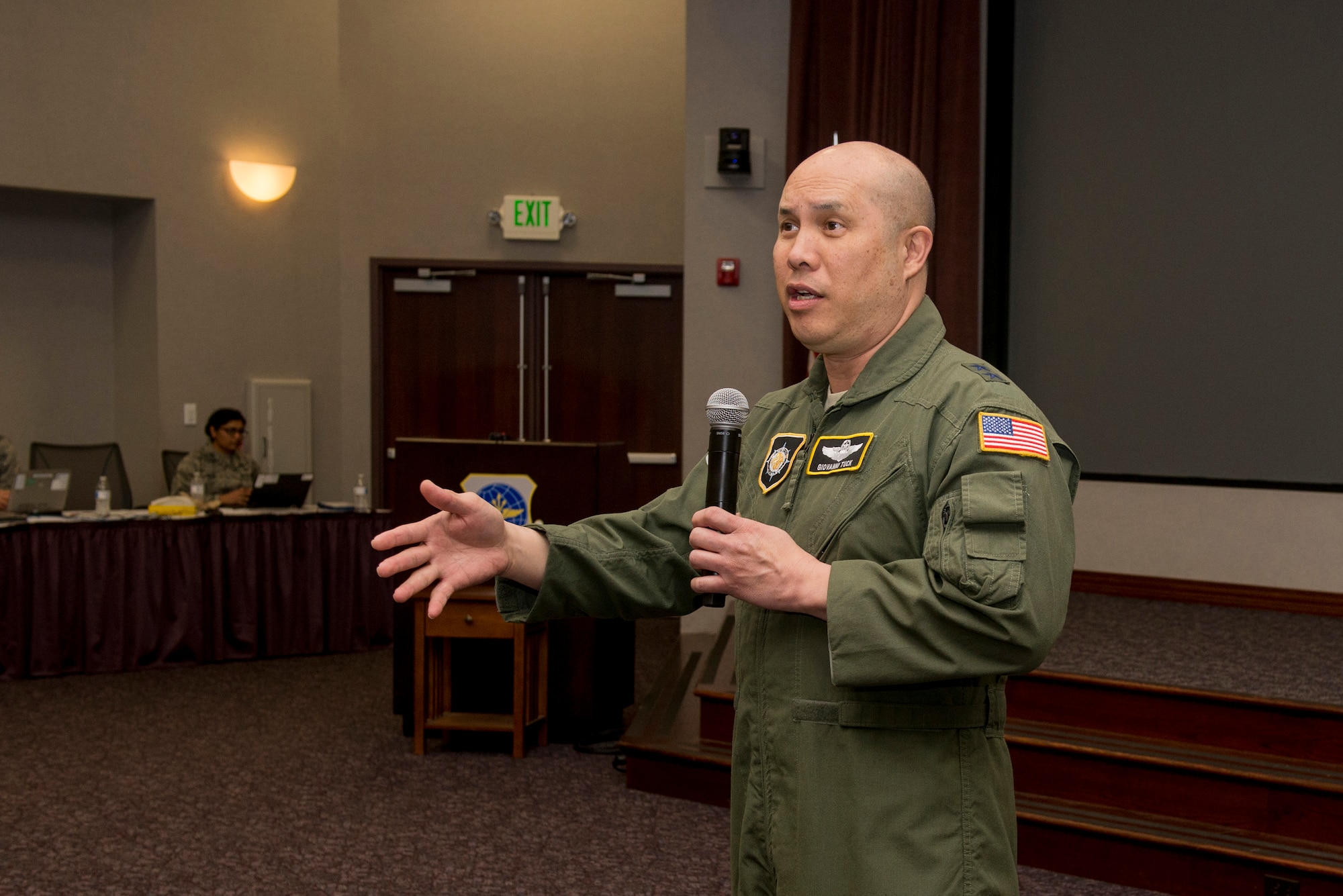 Maj. Gen. Giovanni Tuck, U.S. Transportation Command, gave a speech, “It’s All About Me”, to the Company Grade Officers during the CGOC March 16, 2016 at Scott Air Force Base, Ill. The CGOC brought in 119 Company Grade Officers from Scott AFB, Fort Leonard Wood, Fort Campbell, Whiteman AFB and all ROTC detachments from surrounding schools and recruiting squadrons. (U.S. Air Force Photo/Senior Airman Joshua Eikren)