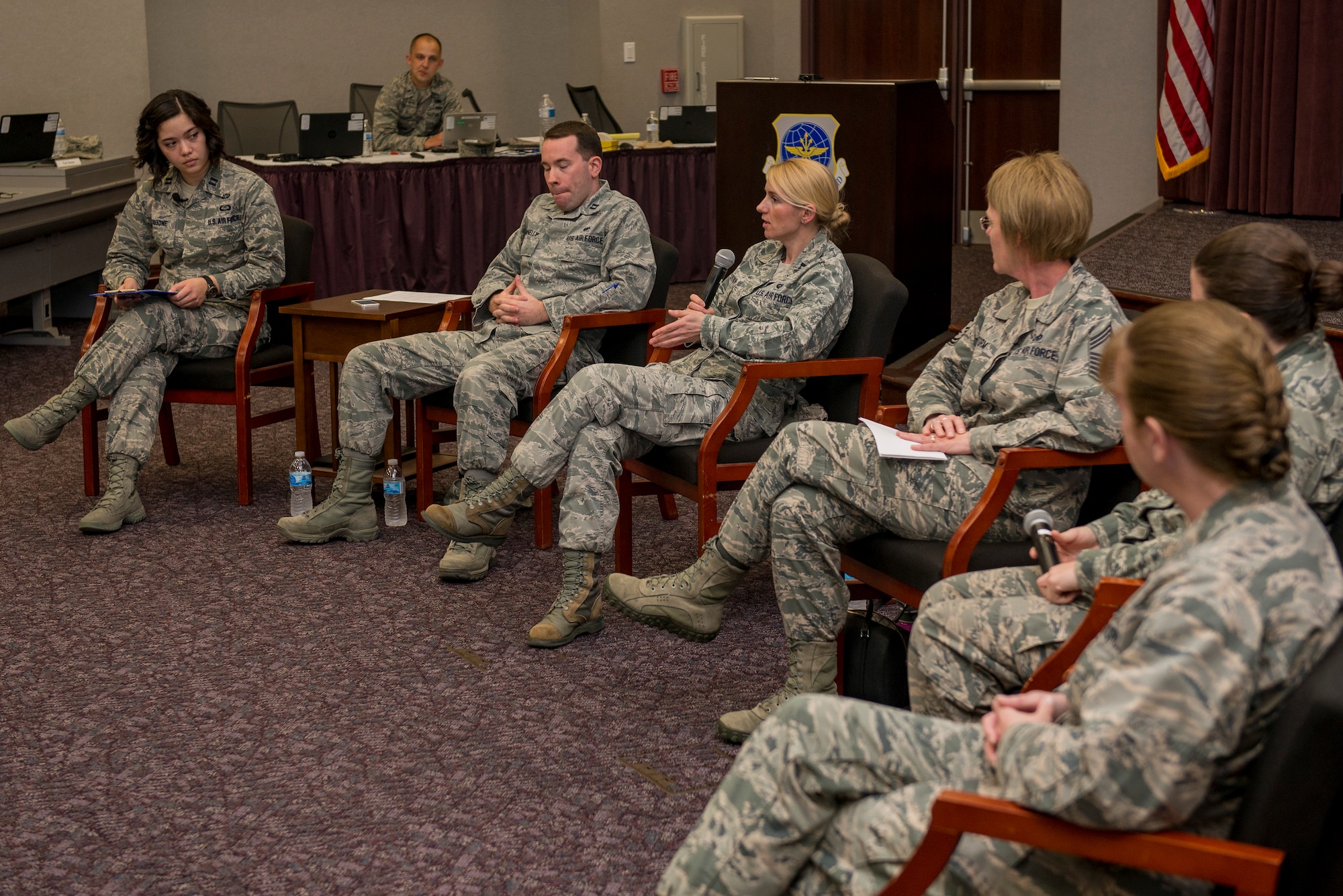 Capt. Marta Kolcz-Ryan, 375th Judge Advocate, talks about the Uniform Code of Military Justice during the CGOC March 16, 2016 at Scott Air Force Base, Ill. Kolcz-Ryan was a part of the Progressive Discipline Panel that spoke to CGOs on the various responsibilities when administering discipline. (U.S. Air Force Photo/Senior Airman Joshua Eikren)