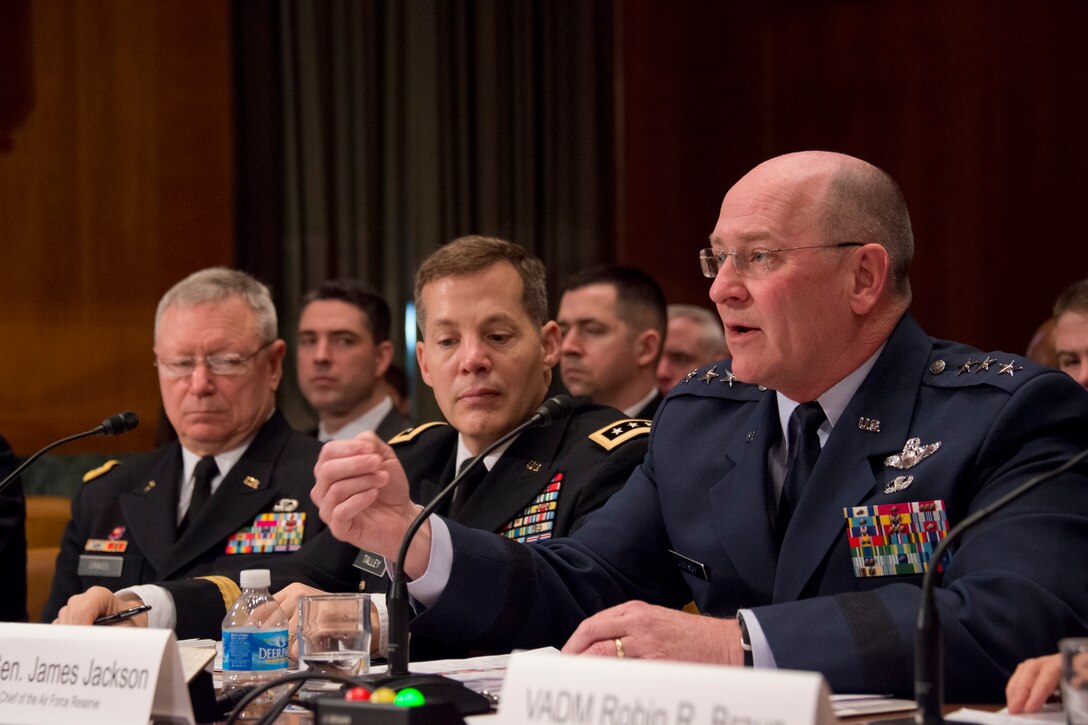 Lieutenant Gen. James F. Jackson, chief of Air Force Reserve and commander of Air Force Reserve Command, provides testimony before the Senate Appropriations Subcommittee at the Dirksen Senate Office Building, Washington D.C., March 16. The general addressed the Air Force Reserve posture for fiscal year 2017, to include challenges and solutions facing missions, manpower, modernization and military construction. (U.S. Air Force photo/Staff Sgt. Kat Justen)