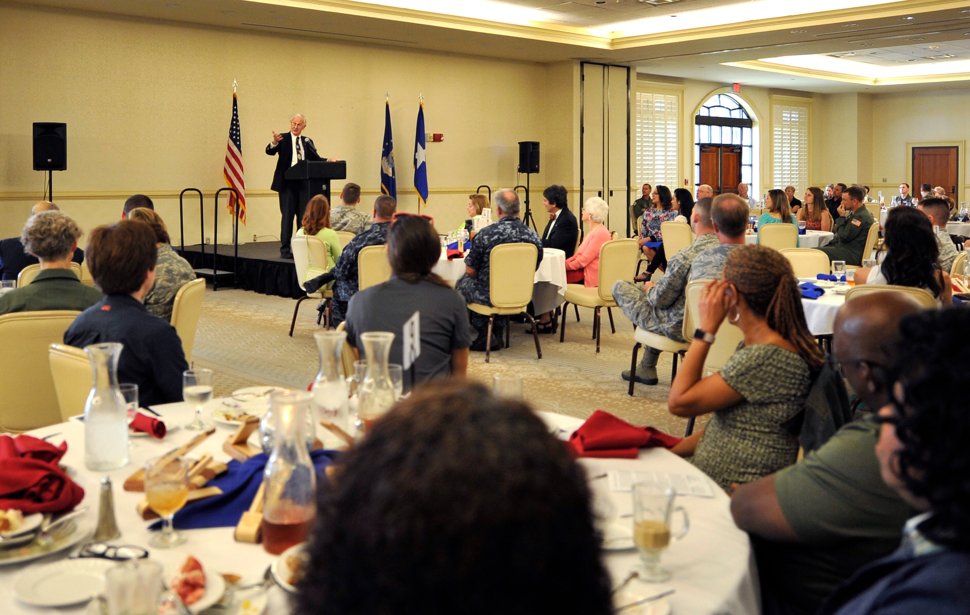 Retired Brigadier General Charles Duke, Apollo 16 lunar module pilot, speaks at the National Prayer Luncheon March 17, 2016 at the Charleston Club. Duke challenged people to think about the Pledge of Allegiance and to reflect on their spiritual fitness.