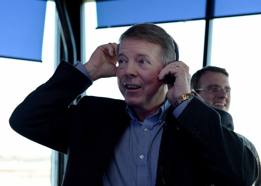 Retired U.S. Air Force Chief Master Sgt. of the Air Force Rodney J. McKinley prepares for a brief outlining the changes made in the air traffic control tower at Langley Air Force Base, Va., March 18, 2016. McKinley’s visit showcased changes the 1st Fighter Wing has made recently. (U.S. Air Force photo by Airman 1st Class Kaylee Dubois)