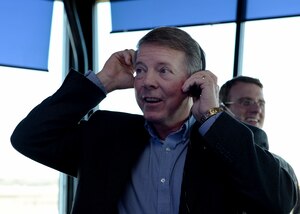 Retired U.S. Air Force Chief Master Sgt. of the Air Force Rodney J. McKinley prepares for a brief outlining the changes made in the air traffic control tower at Langley Air Force Base, Va., March 18, 2016. McKinley’s visit showcased changes the 1st Fighter Wing has made recently. (U.S. Air Force photo by Airman 1st Class Kaylee Dubois)
