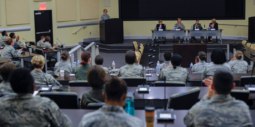 Joint Base Andrews members listen and participate in a Women’s History Month panel discussion at the Jacob E. Smart Building here, March 23, 2016.  Congress declared March as Women’s History Month after the passing of Public Law 100-9 in 1987. (U.S. Air Force photo by Senior Airman Ryan J. Sonnier/RELEASED)