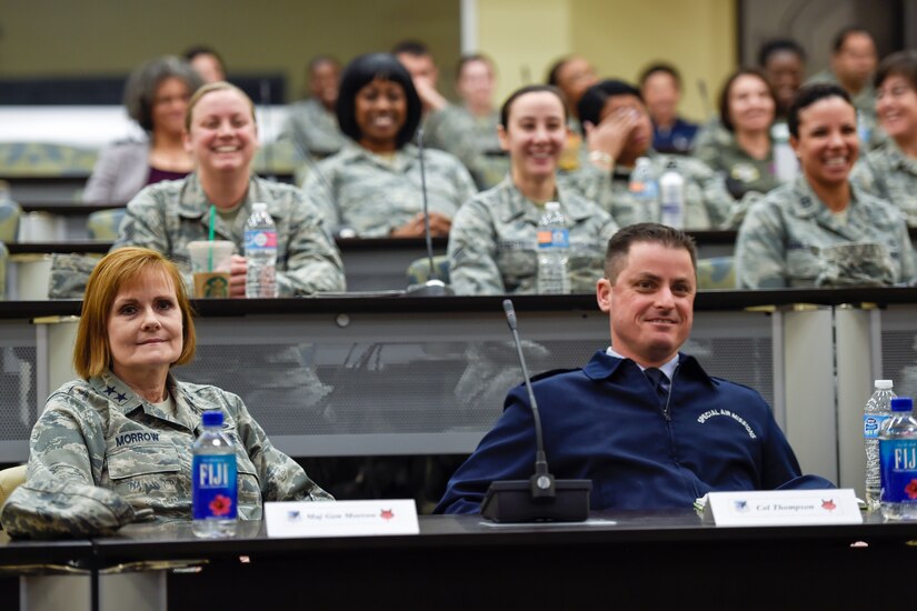 Members of the audience laugh during a Women’s History Month panel discussion at the Jacob E. Smart Building on Joint Base Andrews, Md., March 23, 2016. The panel talked about how women’s roles in the U.S. Air Force have changed over the years. (U.S. Air Force photo by Senior Airman Ryan J. Sonnier/RELEASED)
