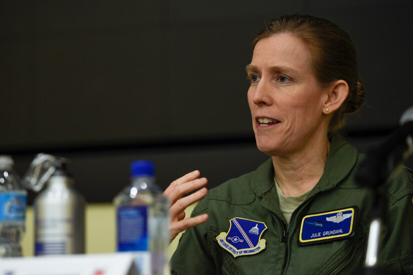Col. Julie Grundahl, 11th Wing/Joint Base Andrews vice commander, speaks during a Women’s History Month panel discussion at the Jacob E. Smart Building on Joint Base Andrews, Md., March 23, 2016. Grundahl and other panel members discussed how the roles of women in the U.S. Air Force have changed throughout history. (U.S. Air Force photo by Senior Airman Ryan J. Sonnier/RELEASED)