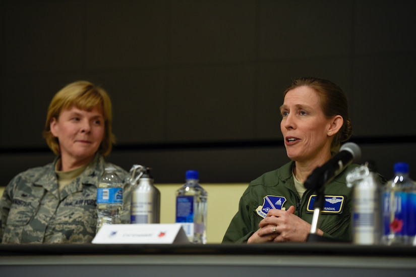 Cols. Sharon Bannister (left), 79th Medical Wing commander, and Julie Grundahl, 11th Wing/Joint Base Andrews vice commander, talk to an audience about women throughout history of the U.S. Air Force during a Women’s History Month panel discussion at the Jacob E. Smart Building on JBA, Md., March 23, 2016. Panel members also talk about personal experiences involving women’s roles. (U.S. Air Force photo by Senior Airman Ryan J. Sonnier/RELEASED)