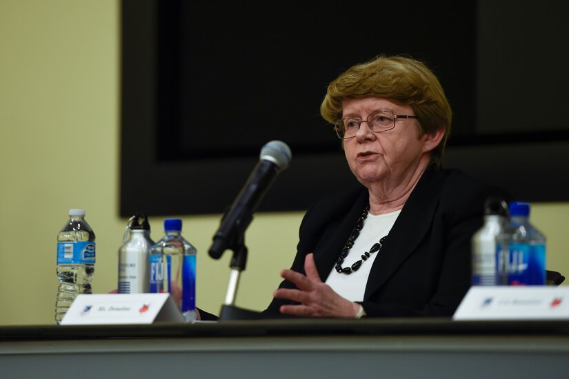 (Lt. Col.) Mary Donahue, U.S. Air Force retired, talks to an audience during a Women’s History Month panel discussion at the Jacob E. Smart Building on Joint Base Andrews, Md., March 23, 2016.  The panel talked about how women’s roles in the military have changed over the years. (U.S. Air Force photo by Senior Airman Ryan J. Sonnier/RELEASED)